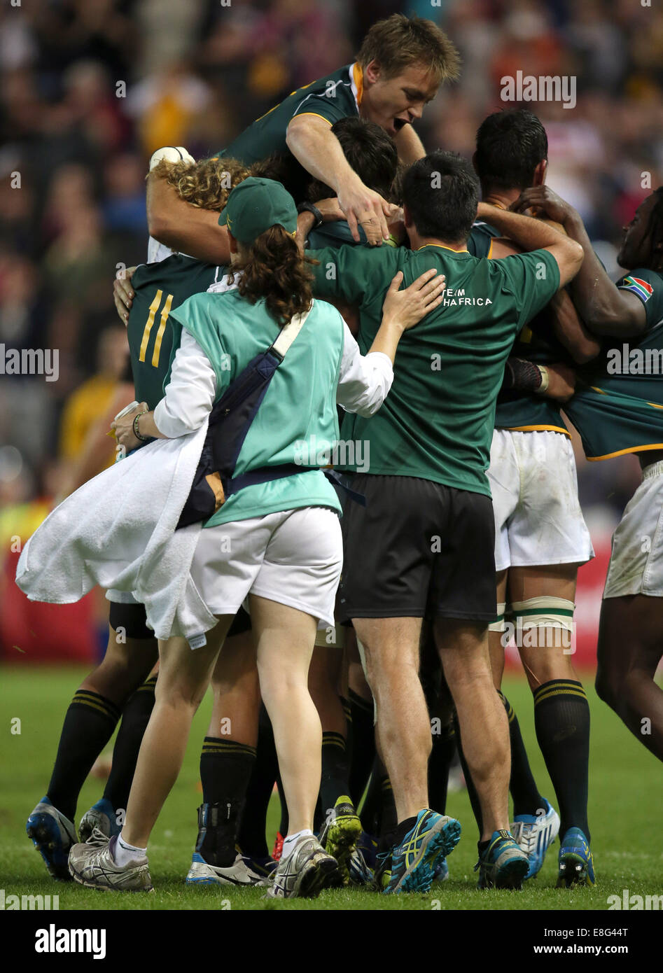 Sud Africa celebrare la vittoria e la medaglia d'oro. Sud Africa v Nuova Zelanda - Rugby Sevens FinalIbrox stadium - Glasgow - SCO Foto Stock
