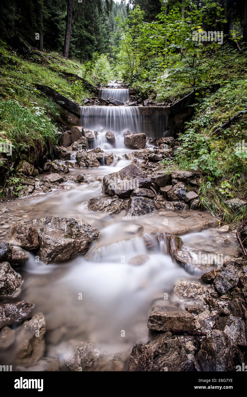 Una serie di cascatelle su un torrente di montagna nelle Alpi Foto Stock