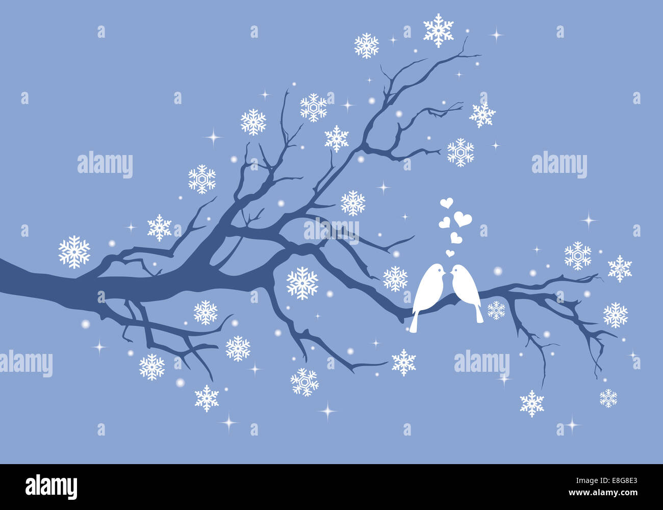 Gli uccelli di Natale sulla struttura invernale con i fiocchi di neve, illustrazione vettoriale Foto Stock