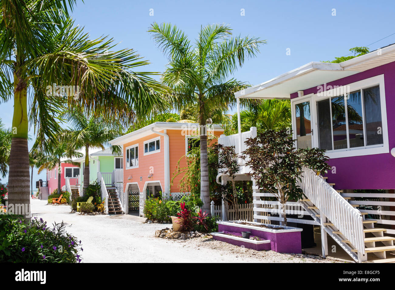 Florida, Fort ft. Myers Beach,Golfo del Messico,estero Boulevard,Cottages of Paradise Point,affitto,casa vacanze,palme colorate Foto Stock