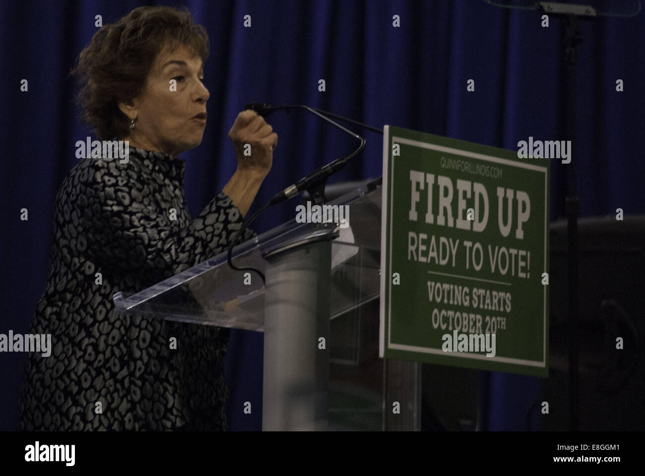 Chicago, IL, Stati Uniti d'America. Il 7 ottobre, 2014. Un potente altoparlante, Congressista Jan Schakowsky da Chicago porta a casa i suoi punti in un rally democratica alla UIC Pavillion il 7 ottobre 2014. Credito: Karen I. Hirsch/ZUMA filo/ZUMAPRESS.com/Alamy Live News Foto Stock