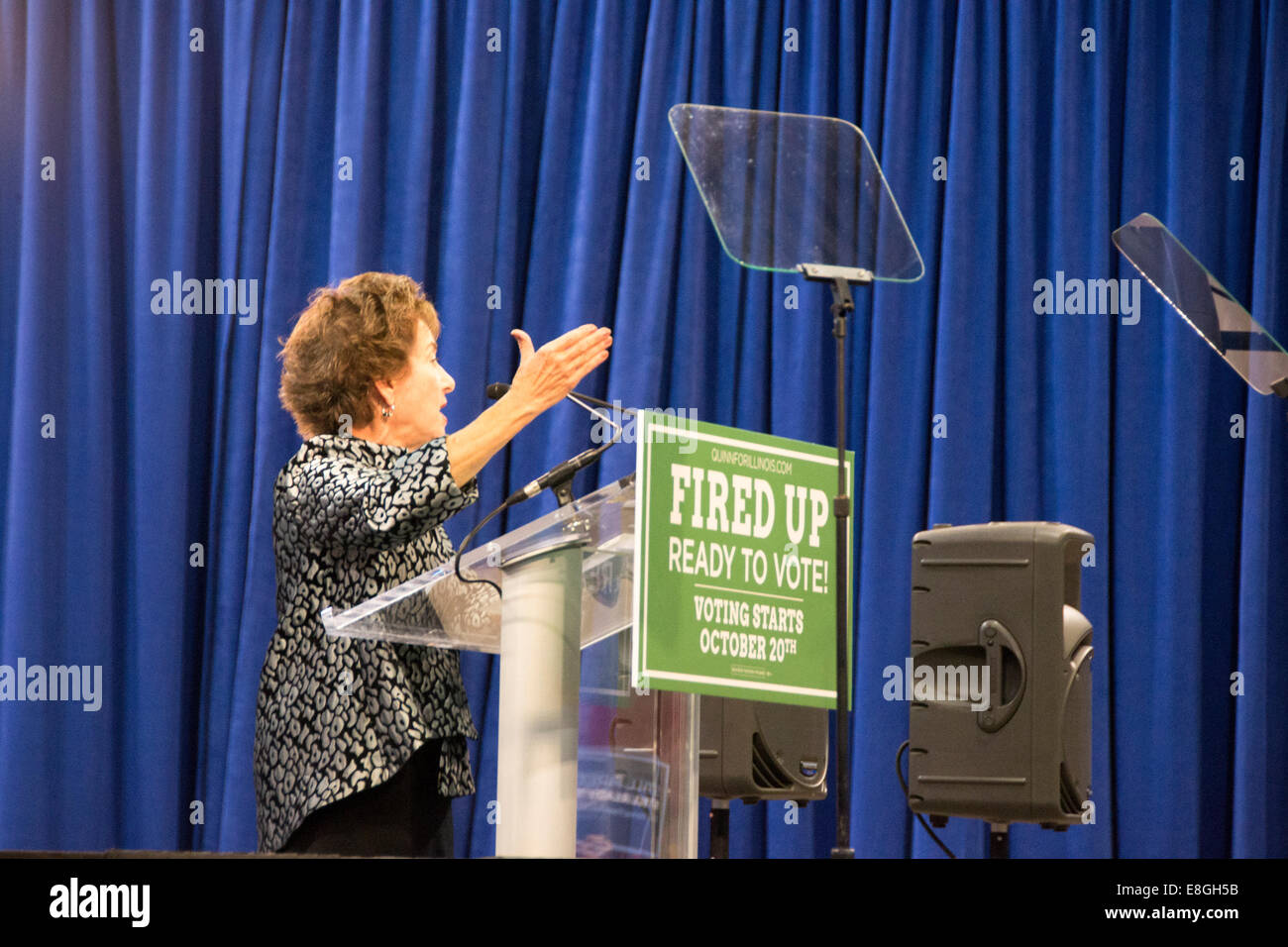 Chicago, Illinois, Stati Uniti d'America. Il 7 ottobre, 2014. Congressista Jan Schakowsky da Chicago porta a casa i suoi punti in un rally democratica alla UIC Pavillion Credito: Nisarg Lakhmani/Alamy Live News Foto Stock