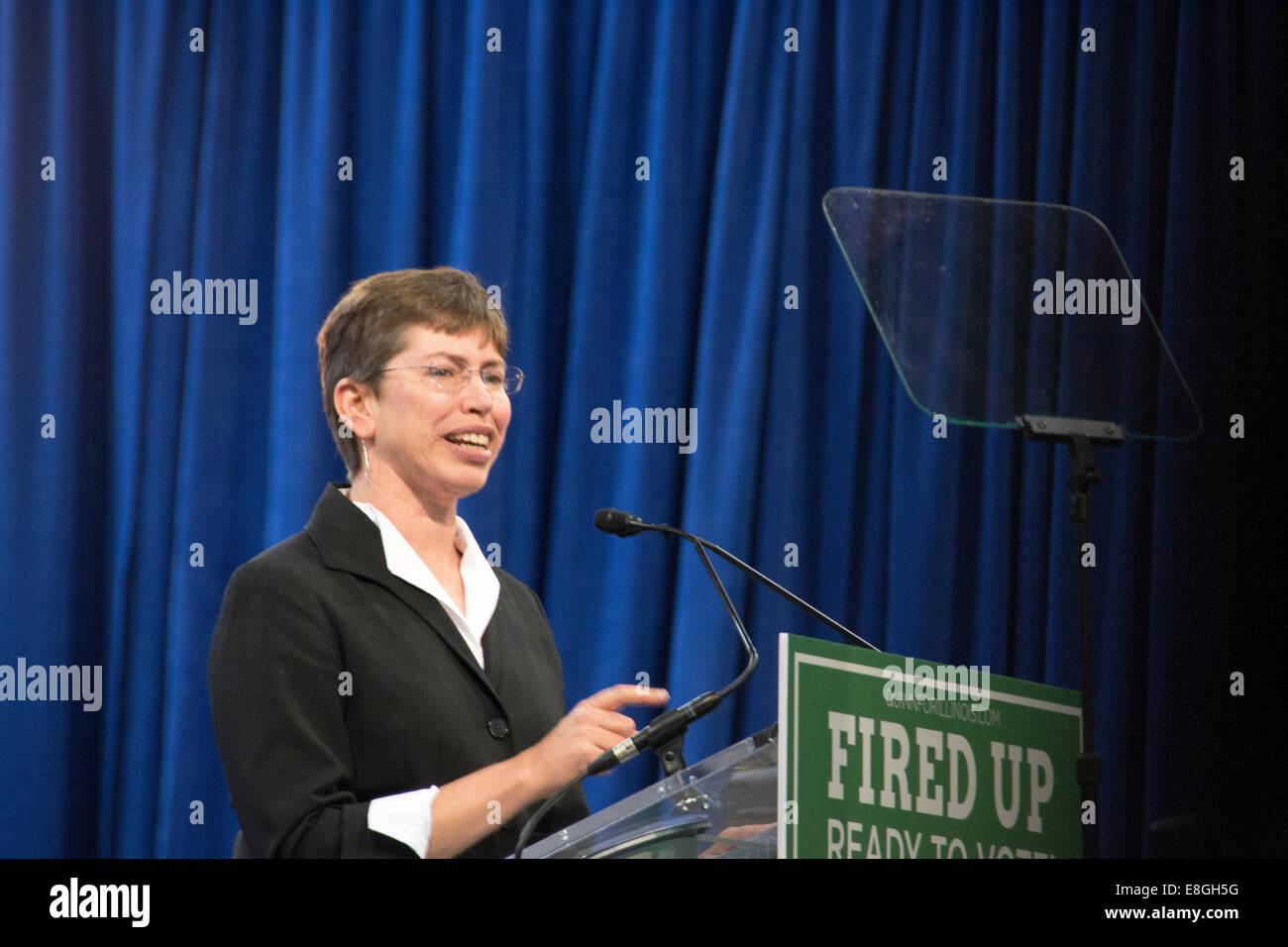 Chicago, Illinois, Stati Uniti d'America. Il 7 ottobre, 2014. Sheila Simon, Lt. Governatore dell'Illinois e la figlia del compianto Congressman Paul Simon parla prima al rally politici per il Governatore Pat Quinn a Chicago. Credito: Nisarg Lakhmani/Alamy Live News Foto Stock