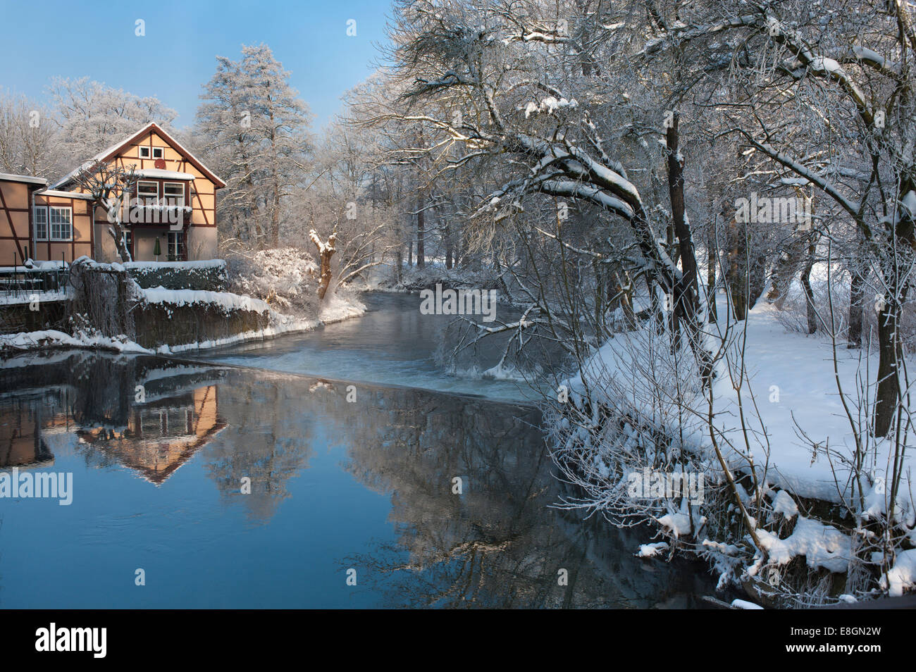 Vecchio mulino sul fiume Ilm in inverno, Weimar, Turingia, Germania Foto Stock