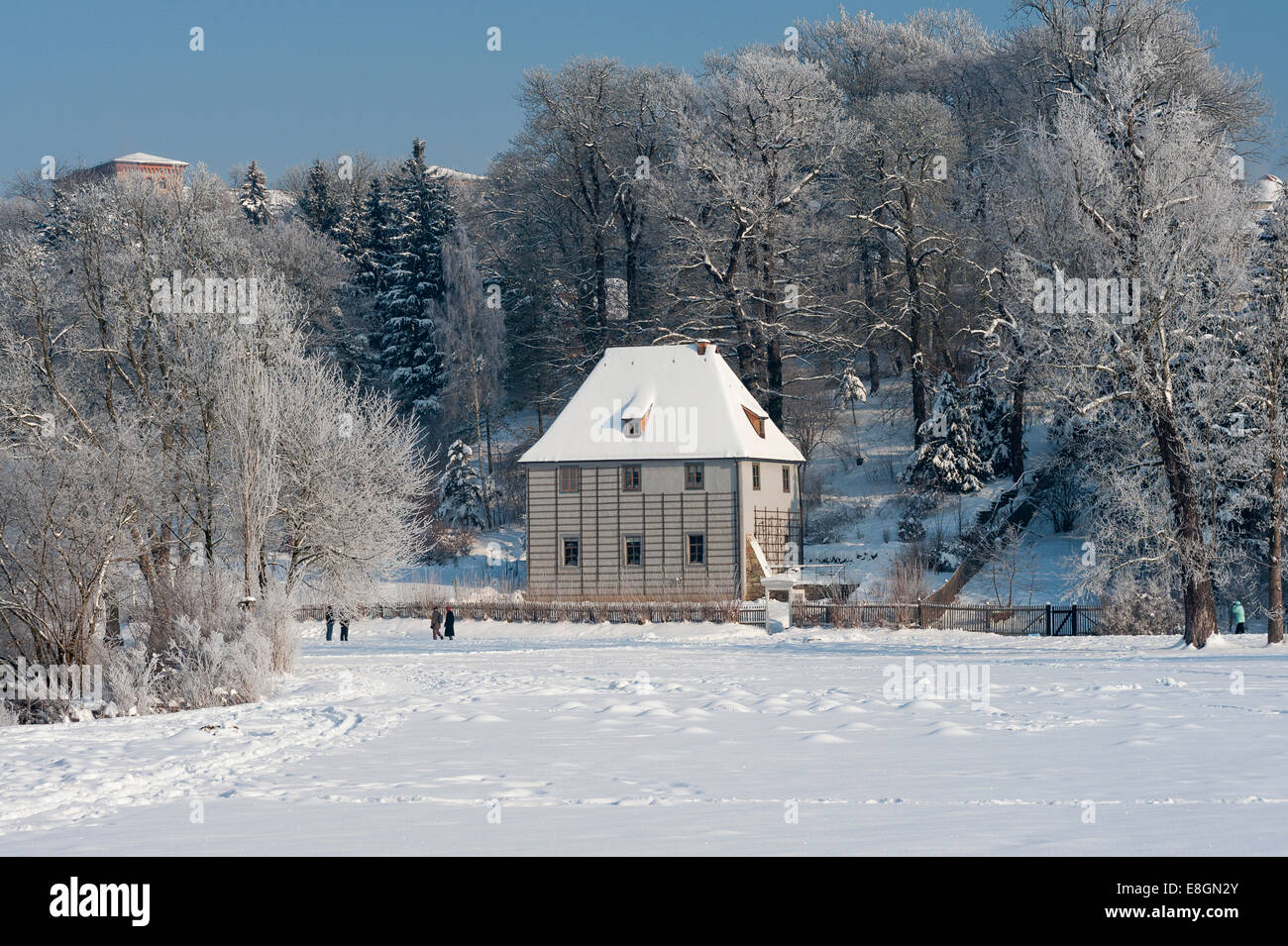 Il Goethe Garden House in inverno, Park sul fiume Ilm, Sito Patrimonio Mondiale dell'UNESCO, Weimar, Turingia, Germania Foto Stock