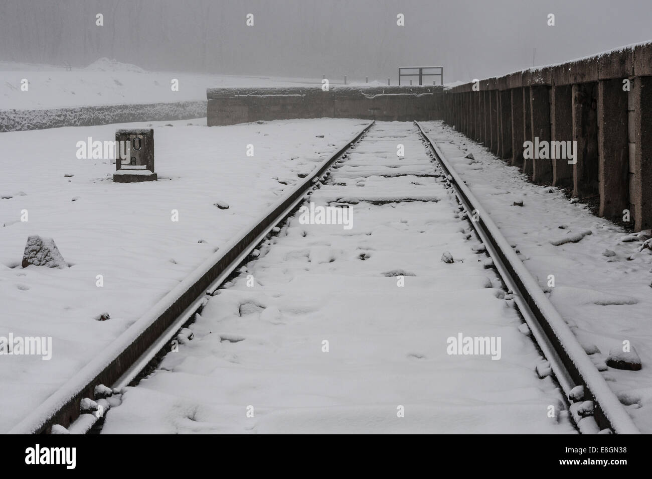 KZ Buchenwald campo di concentramento in inverno, ex stazione ferroviaria, la via della fine e rampa, Ettersberg, Weimar, Turingia Foto Stock