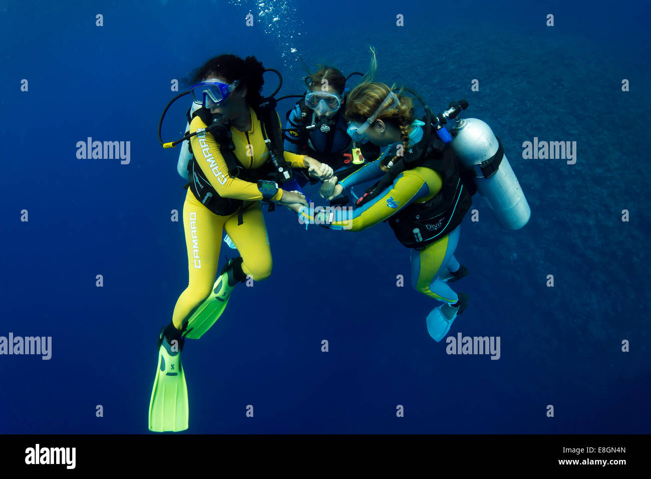 Gruppo di subacquei con colorate tute di immersione in mare aperto, PALAWAN FILIPPINE, Asia Foto Stock