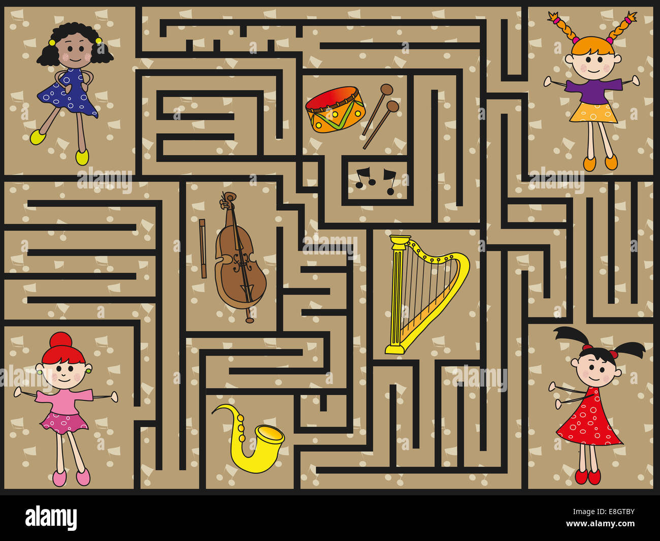 Illustrazione di un labirinto con strumenti musical Foto Stock