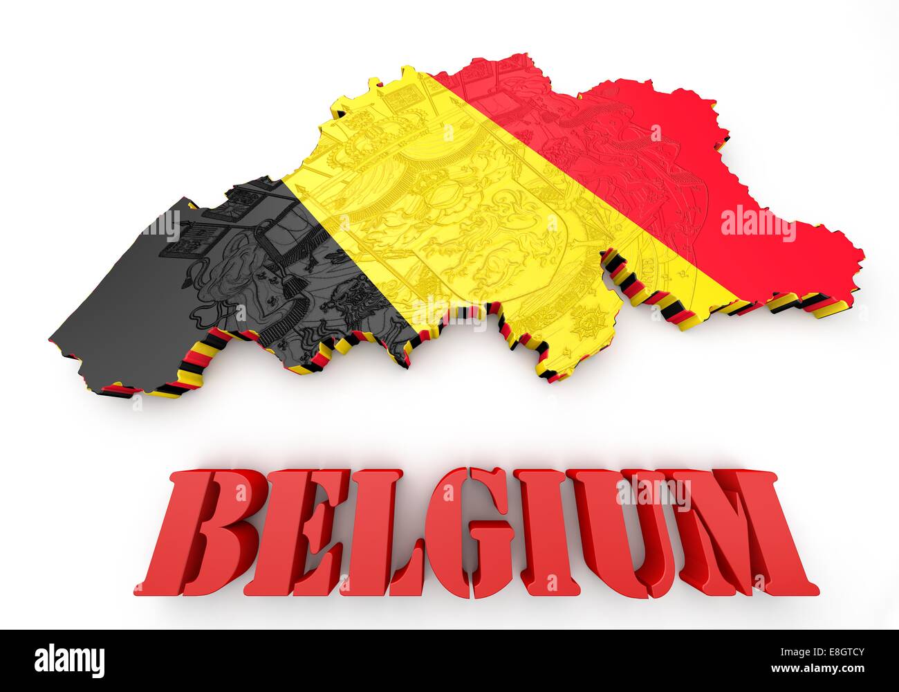 Mappa 3D illustrazione del Belgio con la bandiera e stemma Foto Stock
