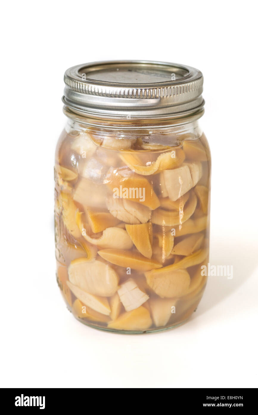 Conserve fatte in casa bar le vongole in bottiglie di Mason. Foto Stock