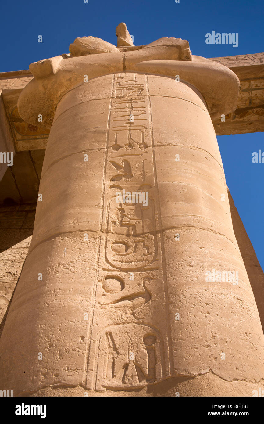 Egitto Luxor Ramesseum, Tempio mortuario di Ramses II, geroglifici su statue Foto Stock