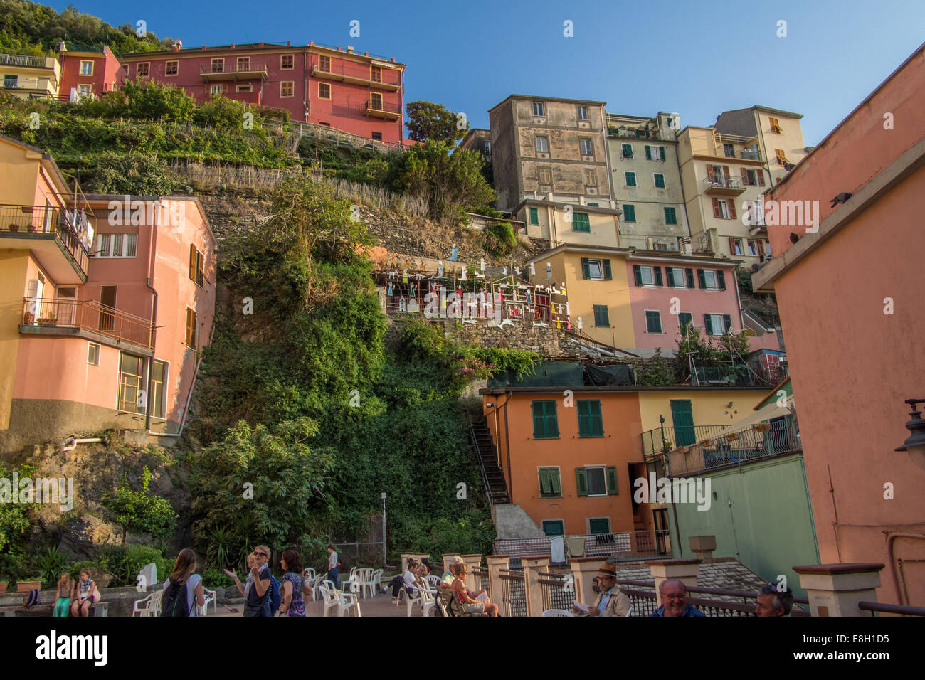 Manarola, Cinque Terre'), la regione Liguria, Italia. Edifici del comune sulla scogliera tra cui un vivaio? Foto Stock