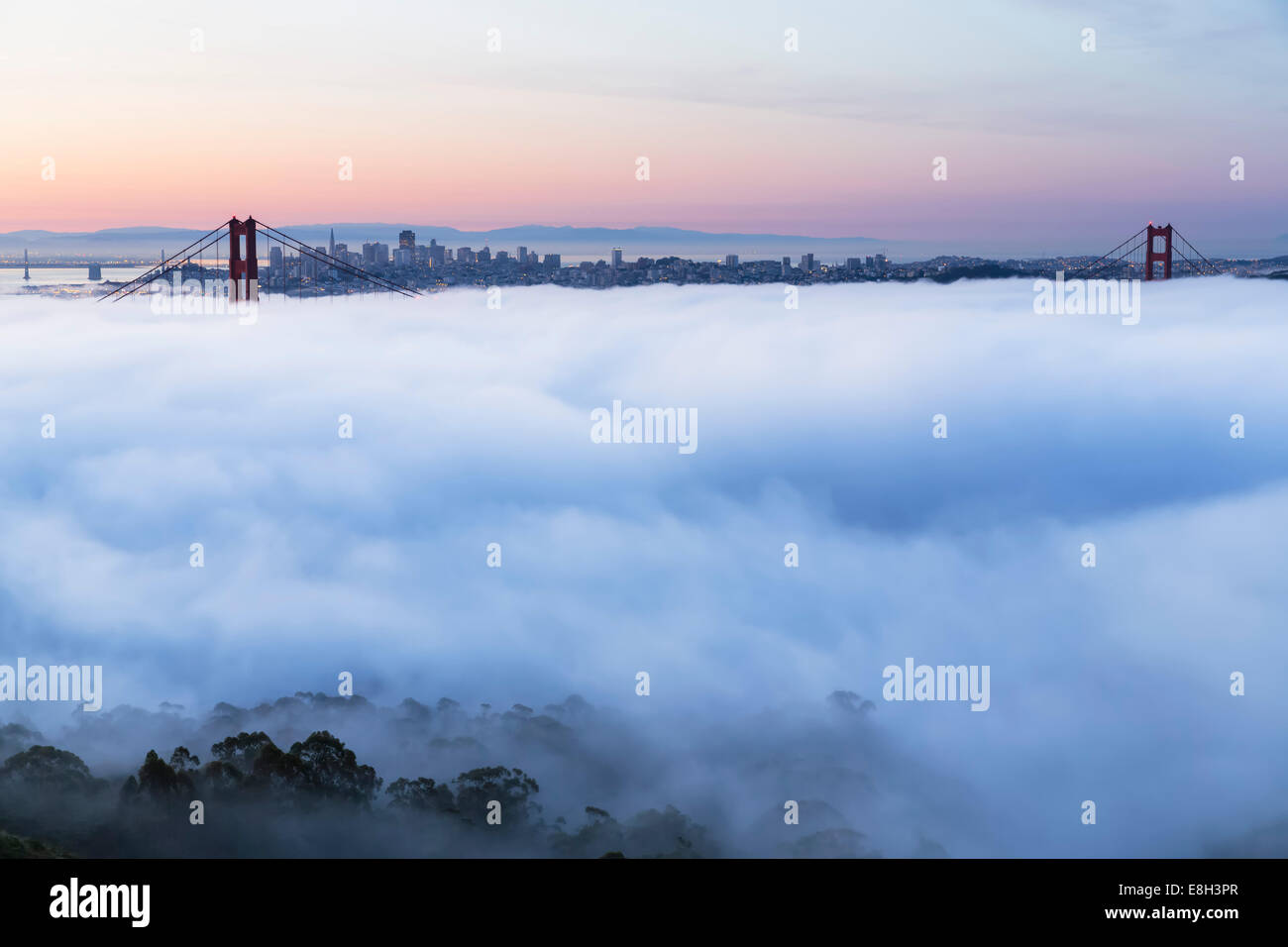 Stati Uniti, California, San Francisco, skyline e il Golden Gate Bridge nella nebbia visto dalla collina Hawk Foto Stock Stati Uniti, California, San Francisco, skyline e il Golden Gate Bridge nella nebbia visto dalla collina Hawk Foto Stock