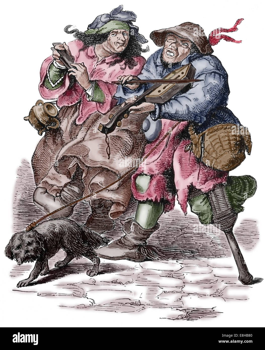 Elemosina. Musicisti. Età moderna. Il XVII secolo. Incisione colorata. Foto Stock