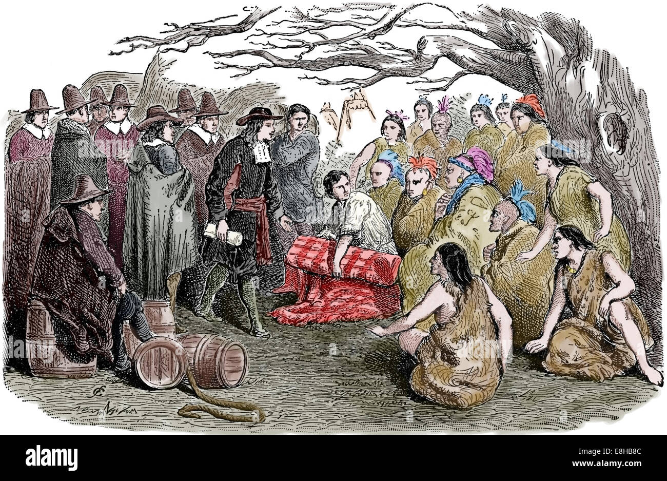 William Penn (1644-1718) per la firma del trattato di pace con i nativi americani, 1862. Incisione, colore. Foto Stock