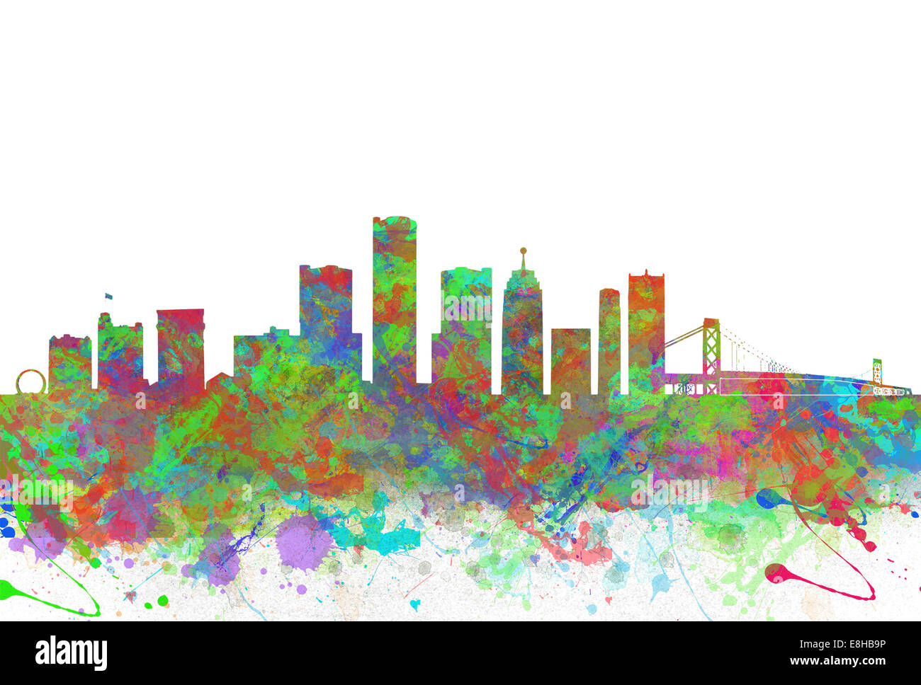 Acquerello stampa di arte dello skyline di Detroit negli Stati Uniti Foto Stock