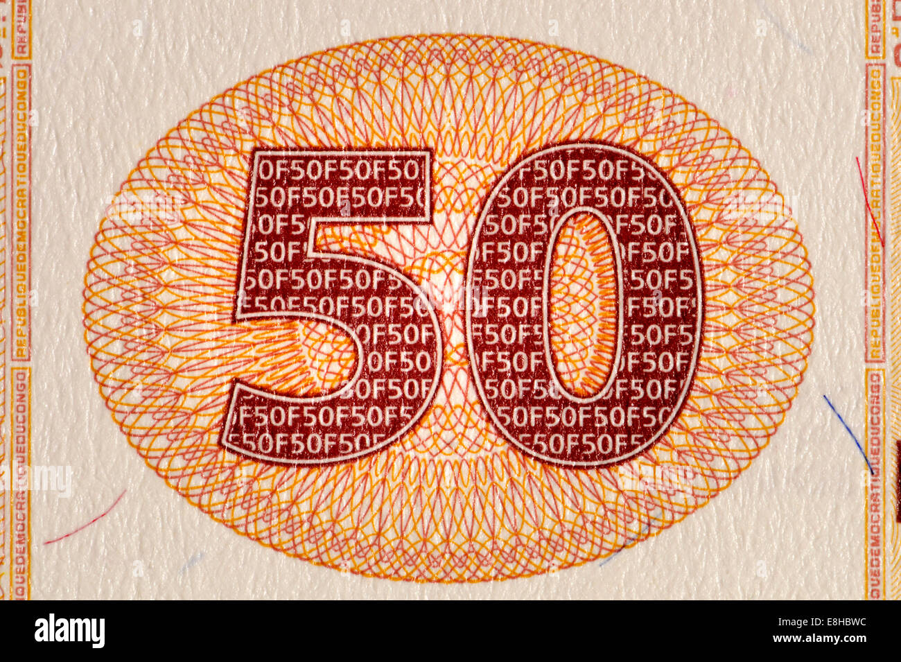 Dettaglio dal Congo 50F banconota banconota che mostra il numero 50 con dettagliate anti-contraffazione la stampa Foto Stock