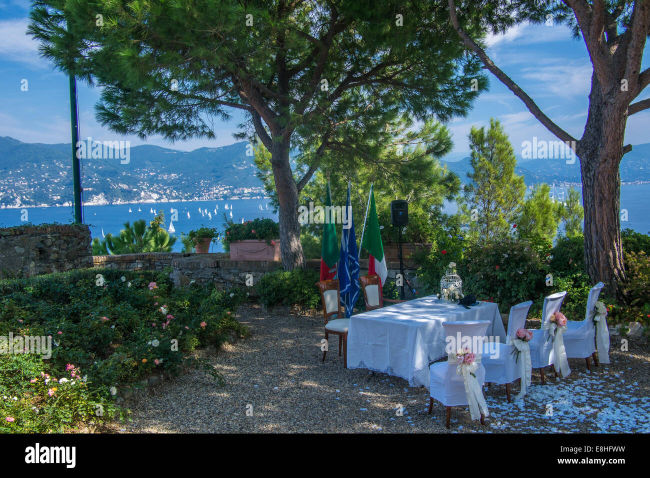 Nozze in Castello Brown, Portofino Liguria, Italia. Foto Stock