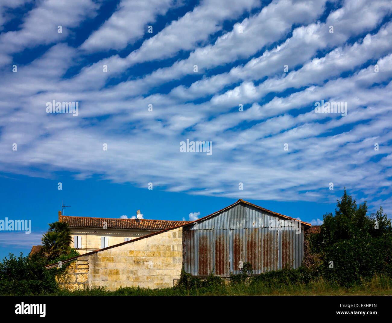 Cirrus nuvole in una tipica configurazione a strisce contro un cielo blu con edifici agricoli al di sotto di Foto Stock