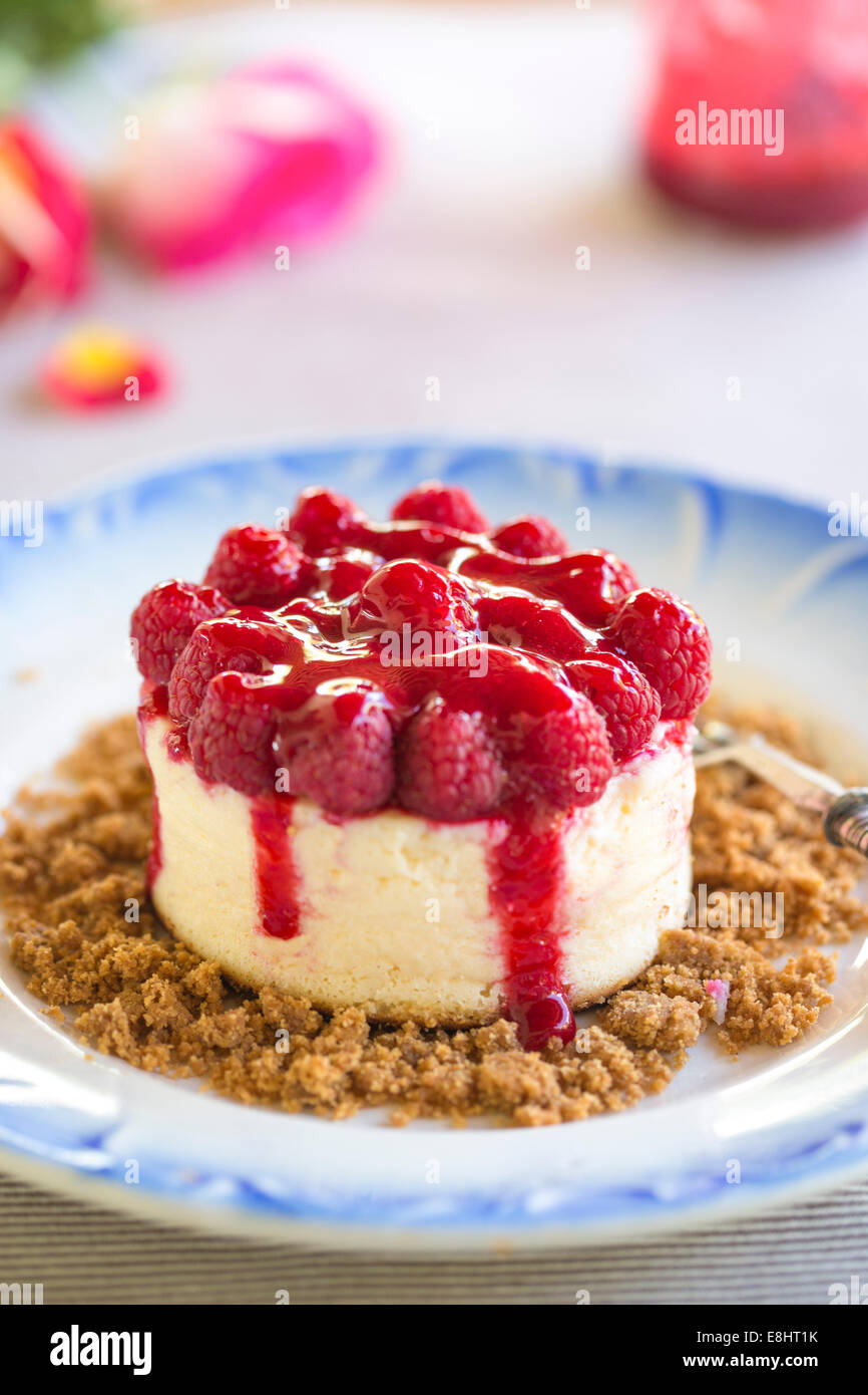 Lampone e rabboccato cheesecake su blu piastra motif Foto Stock