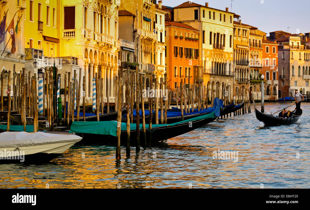 Vista del Canal Grande che scorre attraverso il centro della città di Venezia Nord Italia con i tradizionali gondole sull'acqua Foto Stock