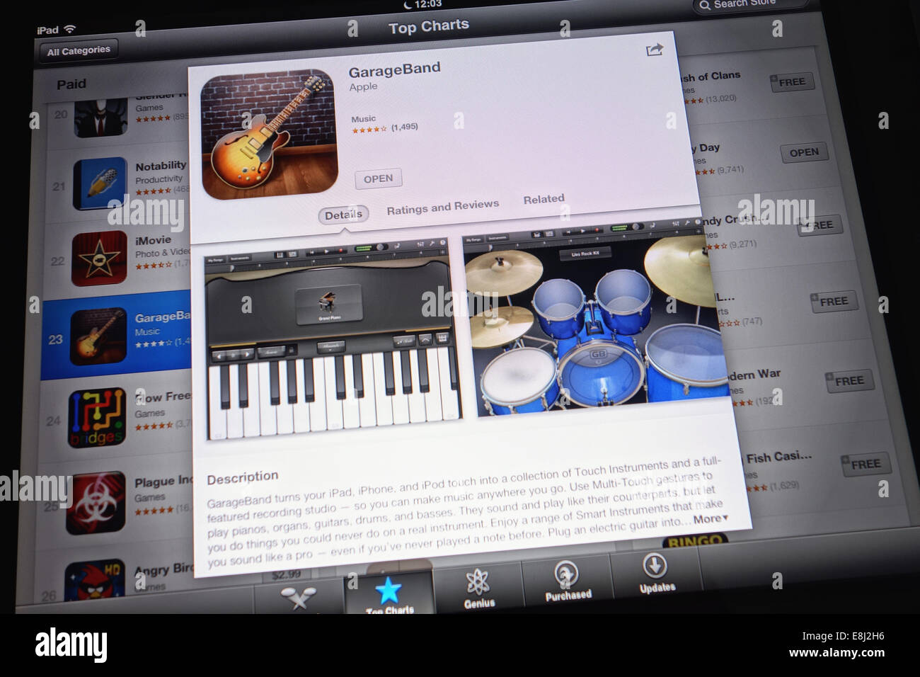 Tambov, Federazione Russa - Gennaio 20, 2013: App GarageBand nelle classifiche di App Store su un iPad di Apple. Foto Stock