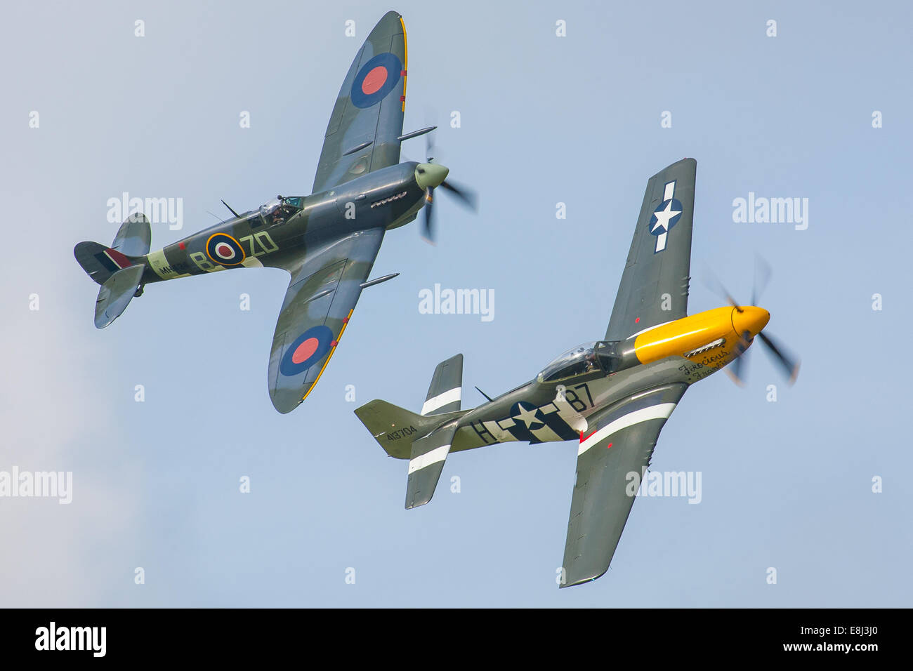 Spitfire e P51 display Mustang al Goodwood 2014, West Sussex, Regno Unito Foto Stock