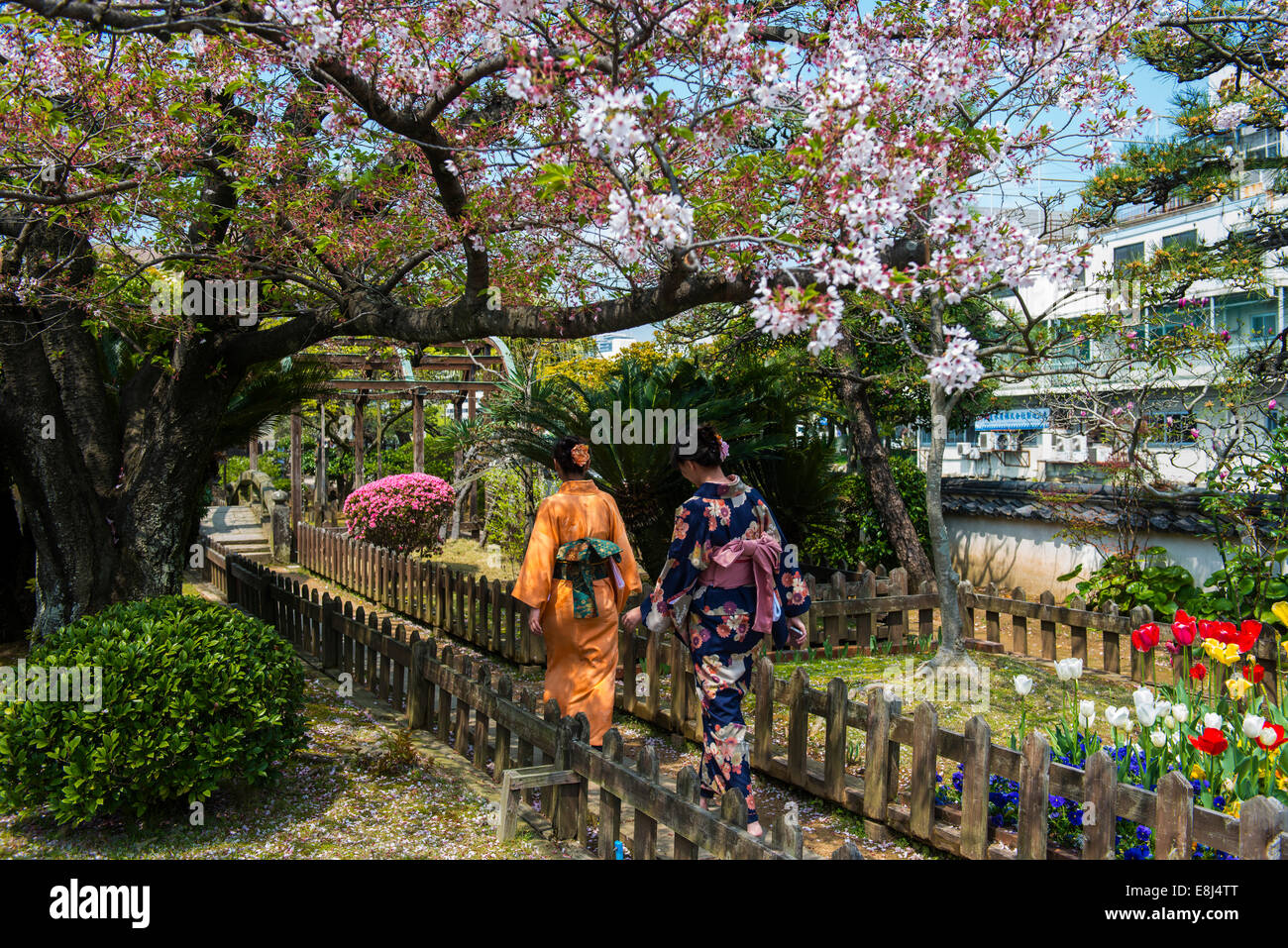 Donne che indossano abiti tradizionali, kimono, di Nagasaki, Giappone Foto Stock