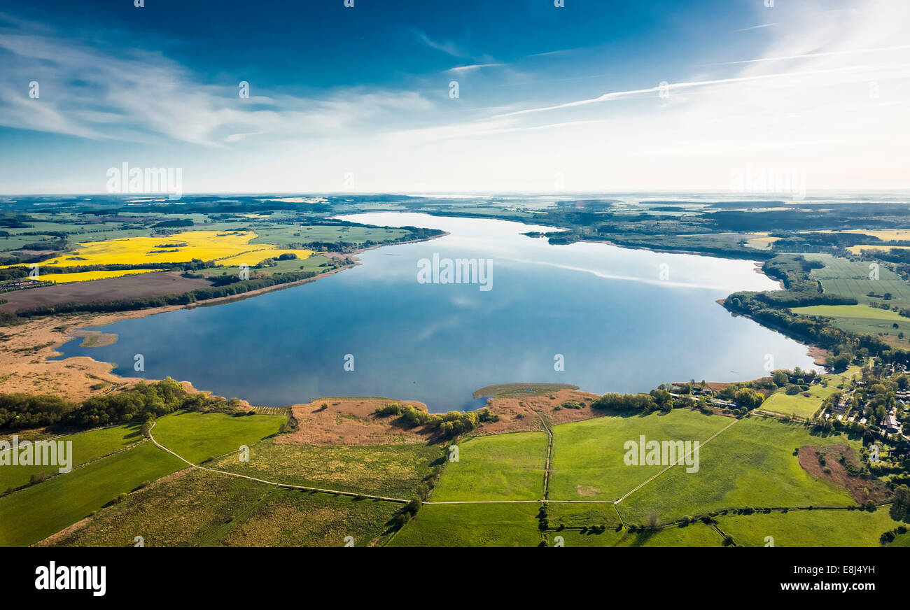 Vista aerea, Malchiner vedere il lago, vicino Dahmen, Dahmen, Meclemburgo Lake District, Meclemburgo-Pomerania Occidentale, Germania Foto Stock