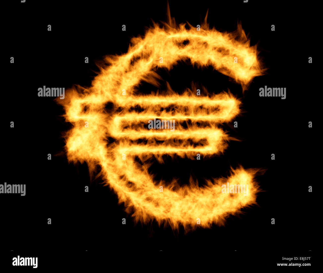 Simbolo dell'euro realizzato da fiamme di fuoco, Foto Stock