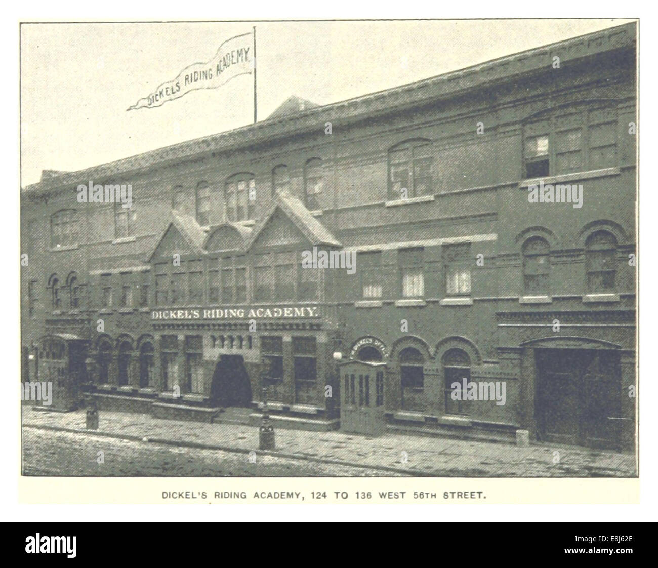 L'illustrazione del 1893 di King raffigura la Dickel's Riding Academy situata tra il 124 e il 136 West 56th Street a New York City, illustrando un centro per l'addestramento equestre e la ricreazione alla fine del XIX secolo. Foto Stock
