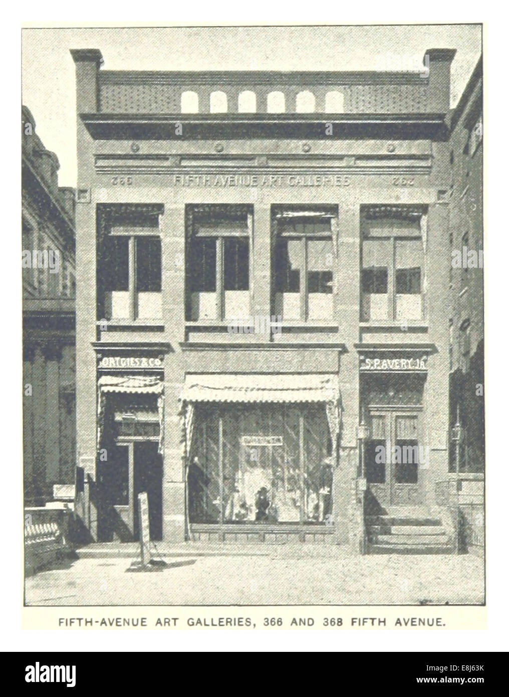 Questa illustrazione del 1893 di King raffigura le gallerie d'arte al 366 e al 368 della Fifth Avenue a New York. Queste gallerie erano importanti centri culturali nella New York del tardo XIX secolo, mostrando la vibrante scena artistica della città. Foto Stock