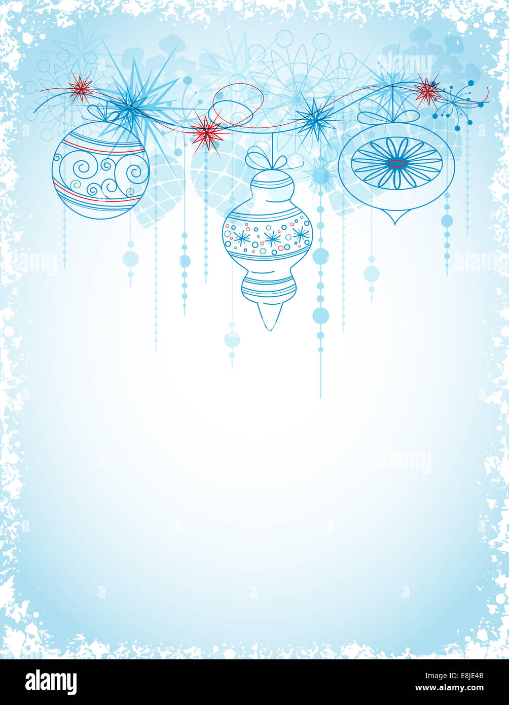 Blue scheda di natale con decorazioni e fiocchi di neve Foto Stock