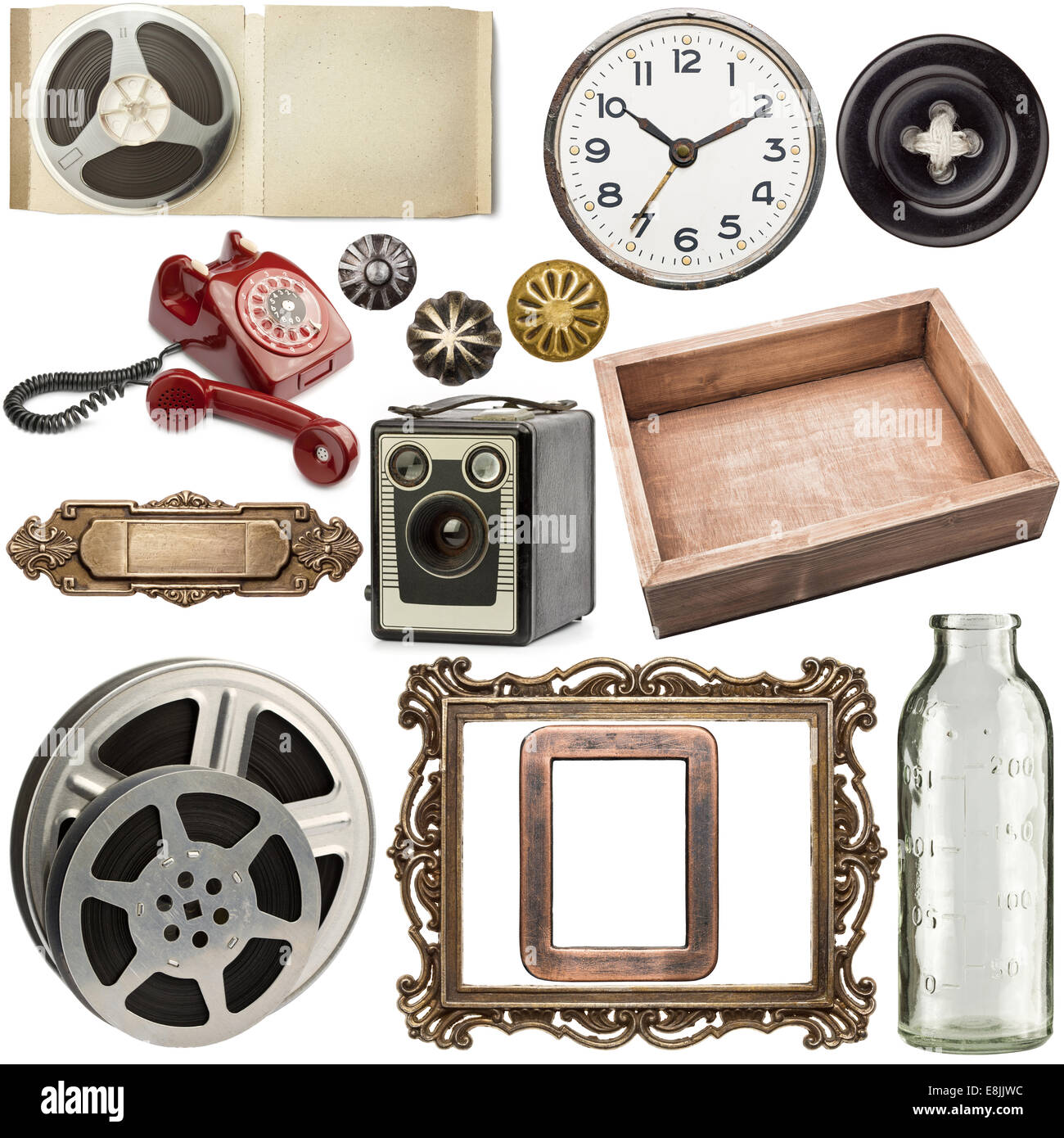 Vari gli oggetti vintage collection su sfondo bianco Foto Stock