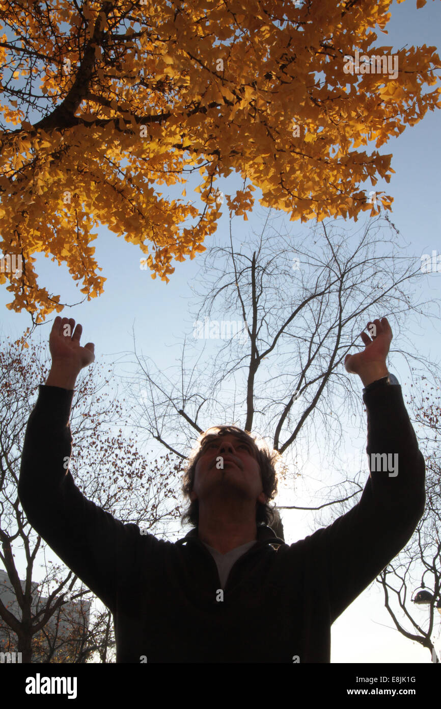 L'uomo meditando le armi in aria sotto un albero. Foto Stock