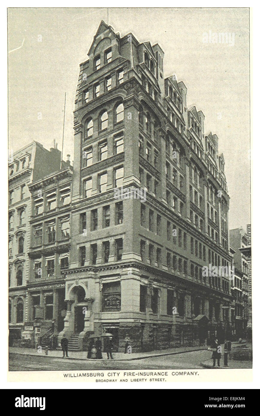 Un'illustrazione del 1893 della Williamsburg City Fire-Insurance Company situata all'angolo tra Broadway e Liberty Street a New York City, raffigurante il design dell'edificio e l'attività commerciale in questa zona prominente. Foto Stock