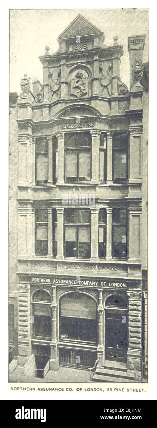Questa illustrazione del 1893 mostra la Northern Assurance Company di Londra, situata al 38 di Pine Street a New York City. La società ha svolto un ruolo importante nel settore assicurativo, fornendo copertura in vari settori. Foto Stock