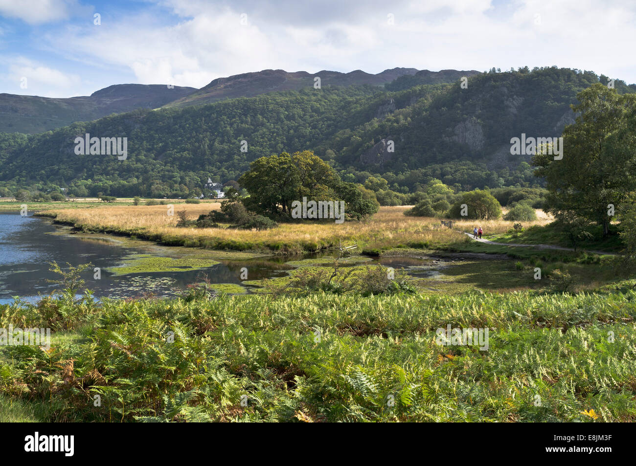 Dh Derwent Water DERWENT Lake District giovane turista walkers sul sentiero lungolago Bleaberry cadde Lodore Falls Hotel Foto Stock