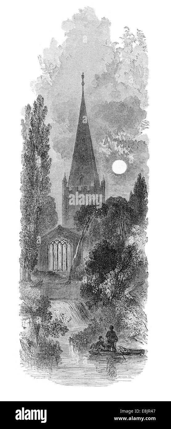 Stratford upon Avon città chiesa torre a cuspide circa 1880 Foto Stock