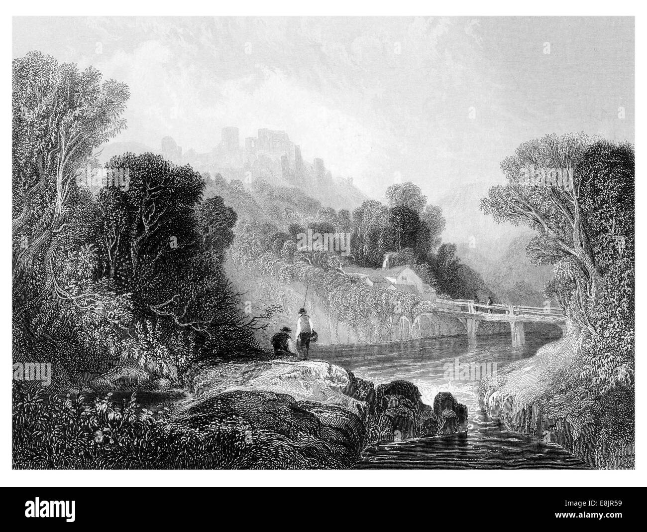 Vista la Vale of Llangollen Crow Castello nella distanza circa 1860 Foto Stock
