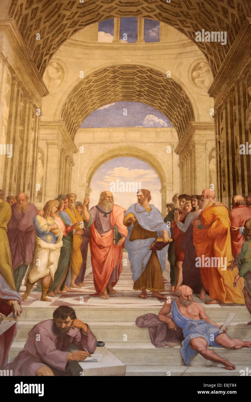 La Scuola di Atene. Dettaglio di un murale di Raffaello dipinse per Papa Giulio II - nel centro di Platone (Leonardo da Vinci) discours Foto Stock