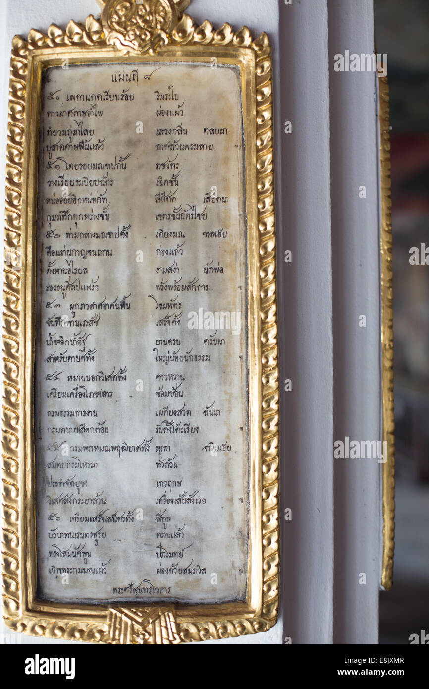 La scrittura tailandese sul display al Wat Phra Kaew, il Grand Palace, Bangkok Foto Stock