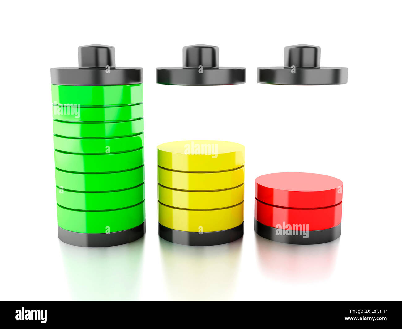 Immagine dell'icona della batteria con colorate sullo stato di carica su sfondo bianco. 3d illustrazione Foto Stock