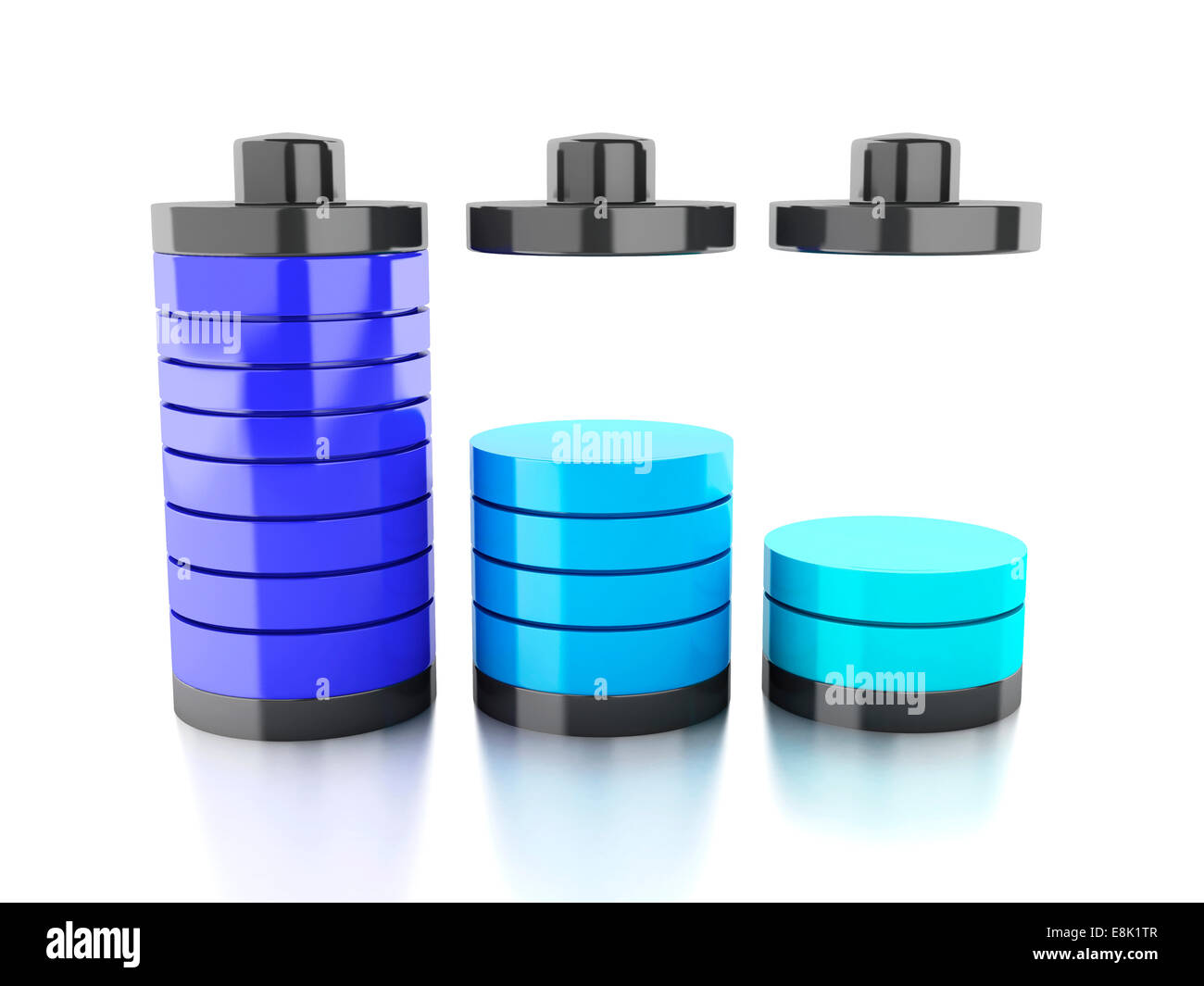 Immagine dell'icona della batteria con colorate sullo stato di carica su sfondo bianco. 3d illustrazione Foto Stock