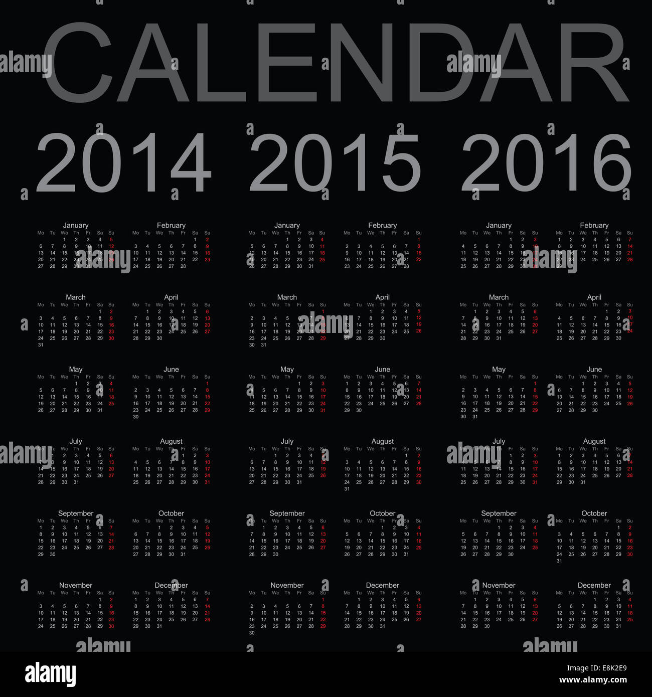 Semplice anno di calendario 2014, 2015, 2016, vettore Foto Stock