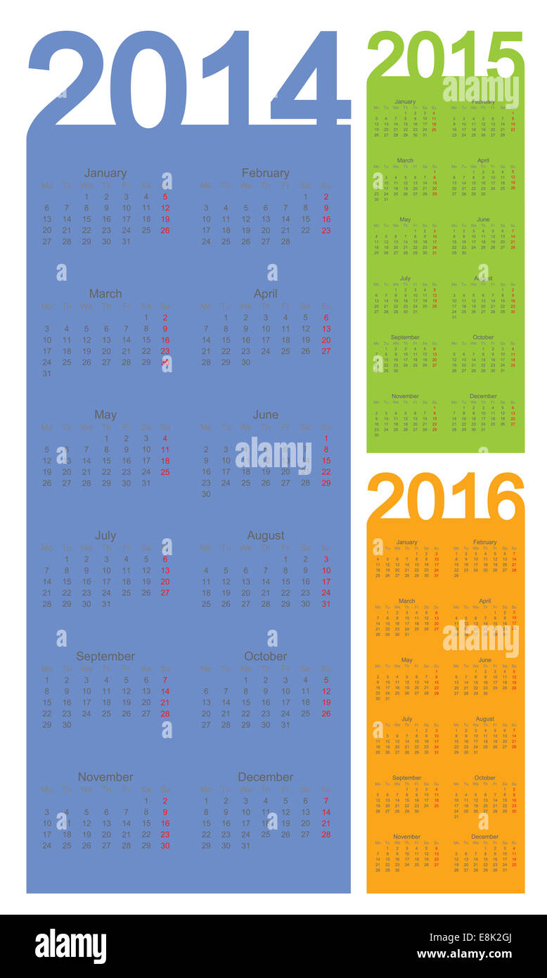 Semplice anno di calendario 2014, 2015, 2016, vettore Foto Stock