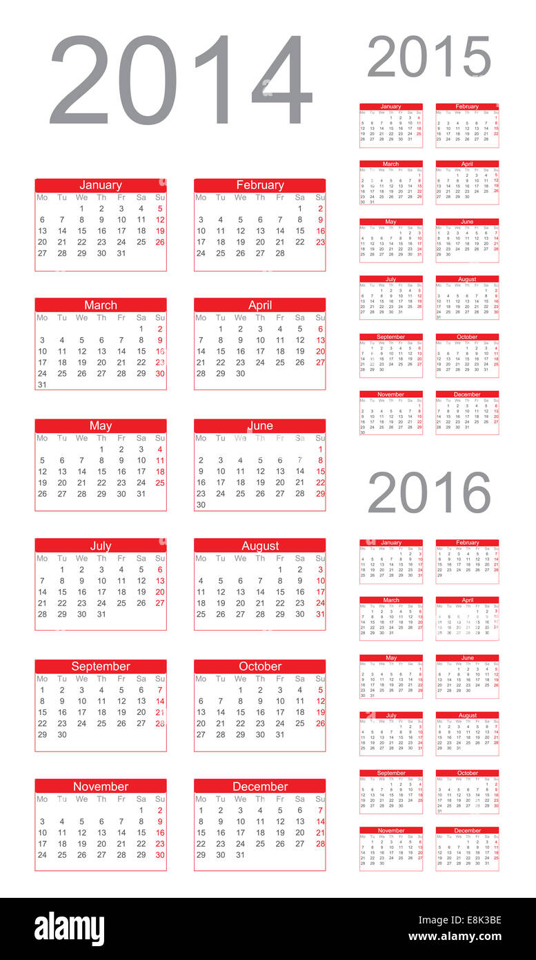 Semplice anno di calendario 2014, 2015, 2016, vettore Foto Stock