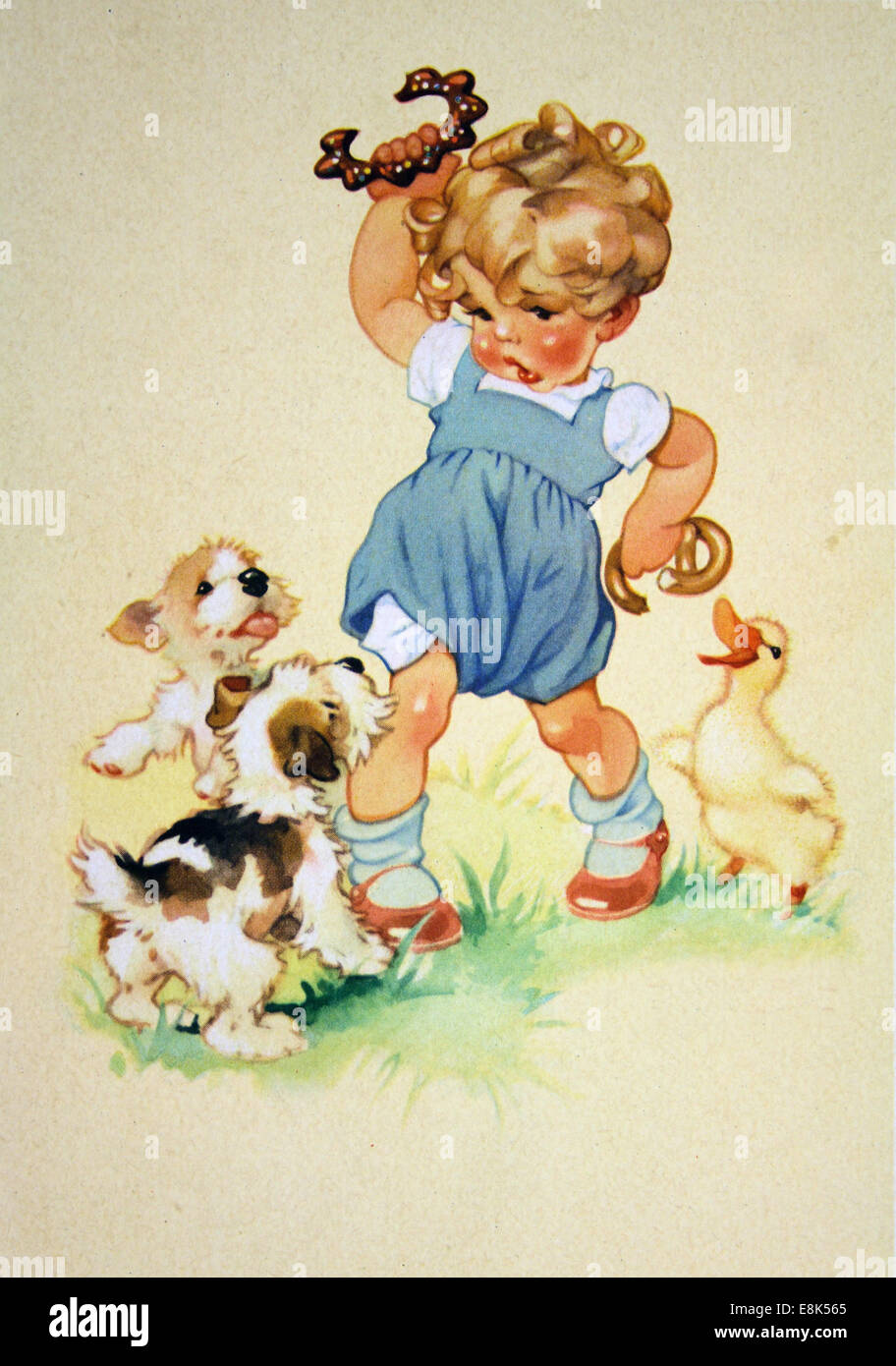 Dicembre 2, 2009 - Cartolina stampato nella RDT mostra di cuccioli e oca cercando di rob ragazze panini, circa 1952 © Igor Golovniov/ZUMA filo/ZUMAPRESS.com/Alamy Live News Foto Stock
