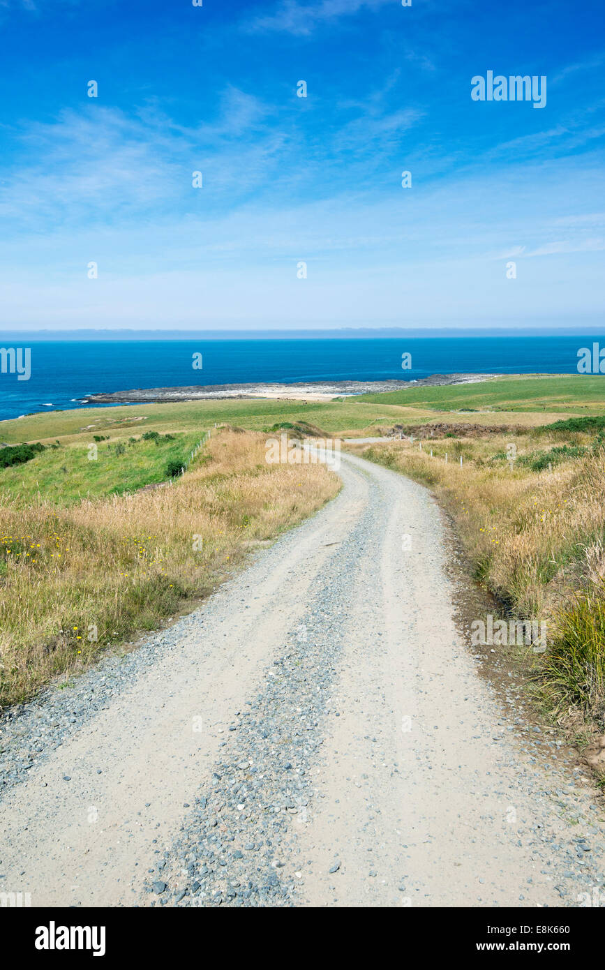 Nuova Zelanda, Isola del Sud, Catlins, punto di pendenza stradale. Il punto più meridionale sull'Isola del Sud Foto Stock