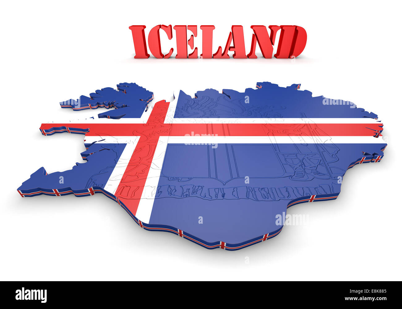 Mappa 3D illustrazione di Islanda con bandiera e stemma Foto Stock